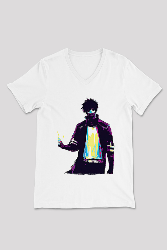 Dabi Baskılı Beyaz Unisex V Yaka Tişört - Tshirt