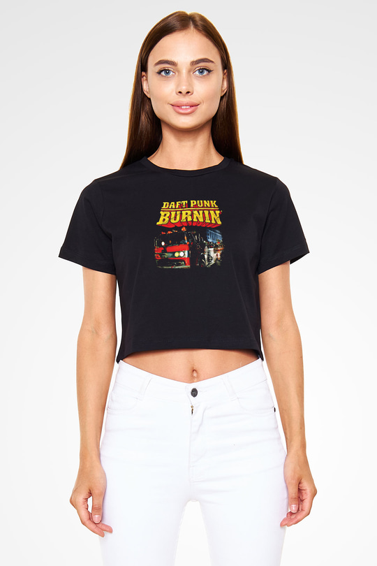 Daft Punk Baskılı Unisex Siyah Crop Top Tişört