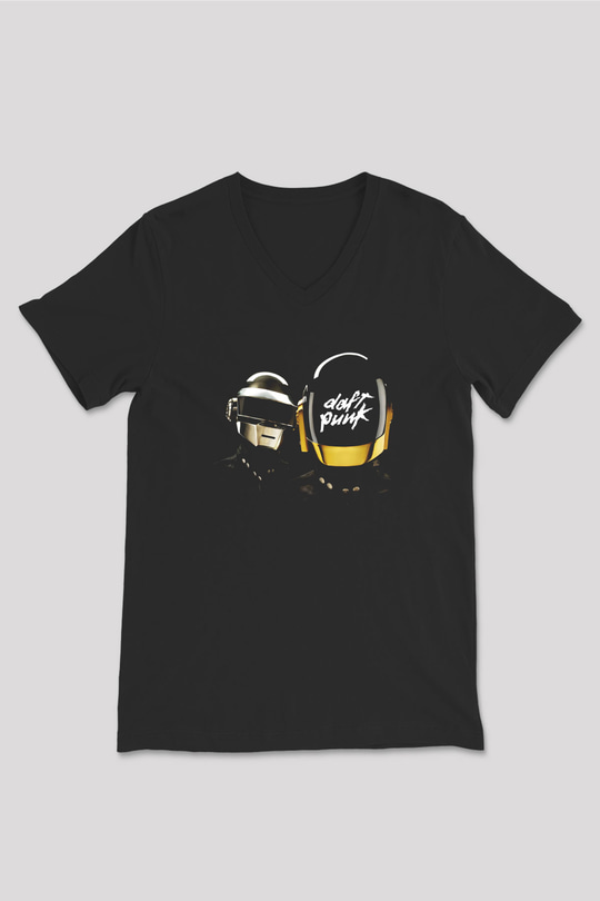 Daft Punk Siyah Unisex V Yaka Tişört T-Shirt