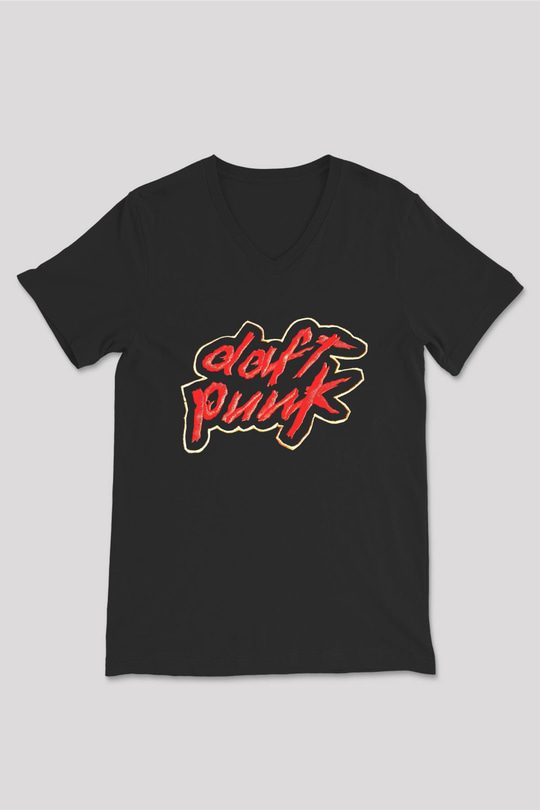 Daft Punk Siyah Unisex V Yaka Tişört T-Shirt