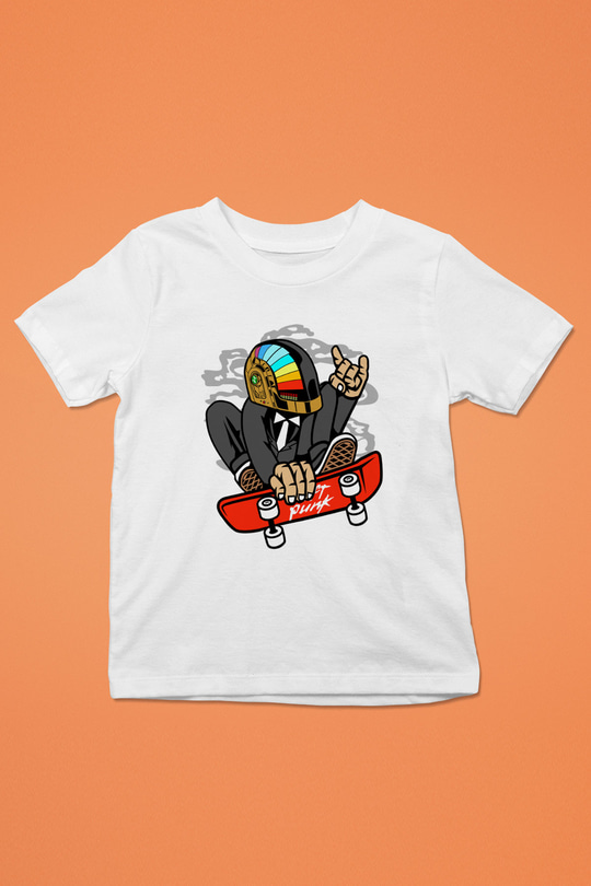 Daftpunk Skater Baskılı Unisex Beyaz Çocuk Tişört