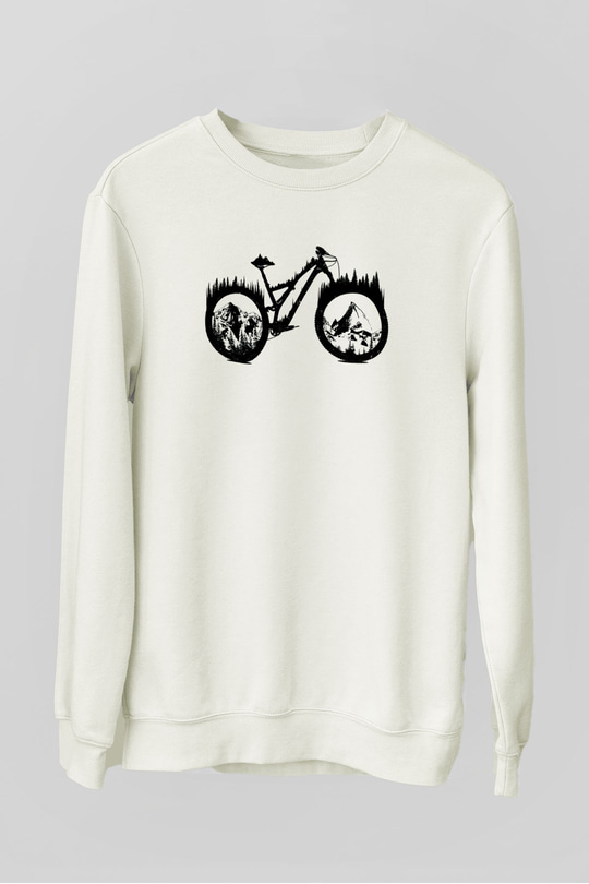 Dağ Bisikleti Baskılı Unisex Beyaz  Sweatshirt