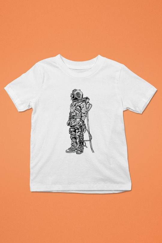 Dalgıç Baskılı Beyaz Unisex Çocuk Tişört