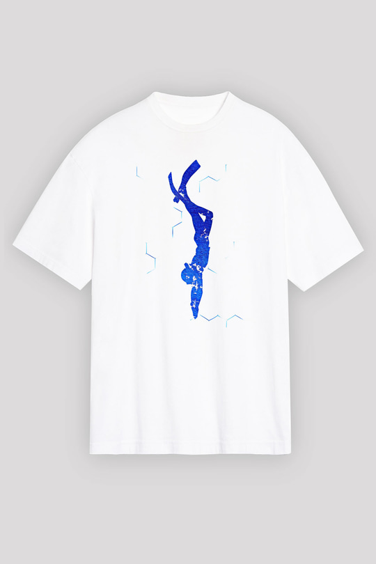 Dalgıçlık Baskılı Unisex Beyaz Oversize Tişört - Tshirt