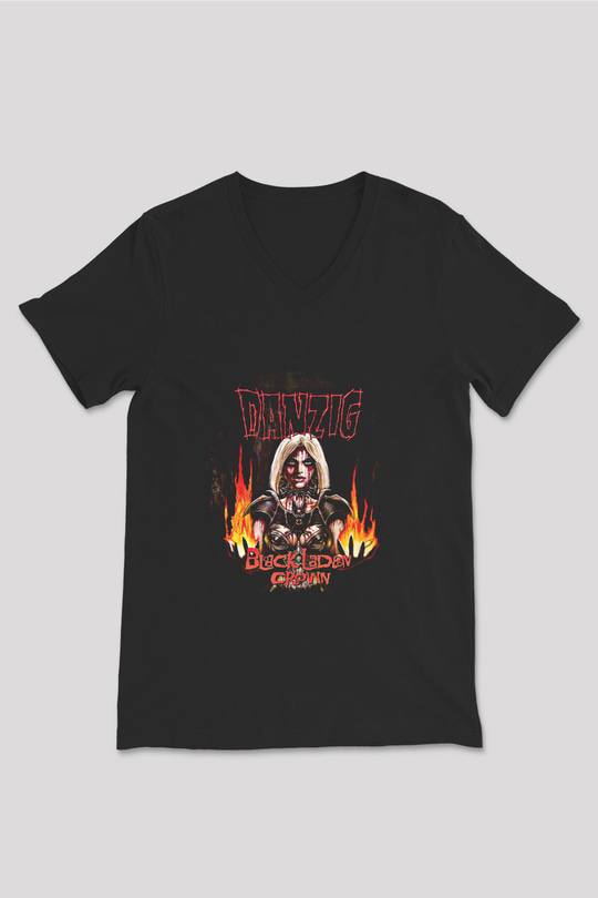 Danzig Baskılı Unisex Siyah V Yaka Tişört