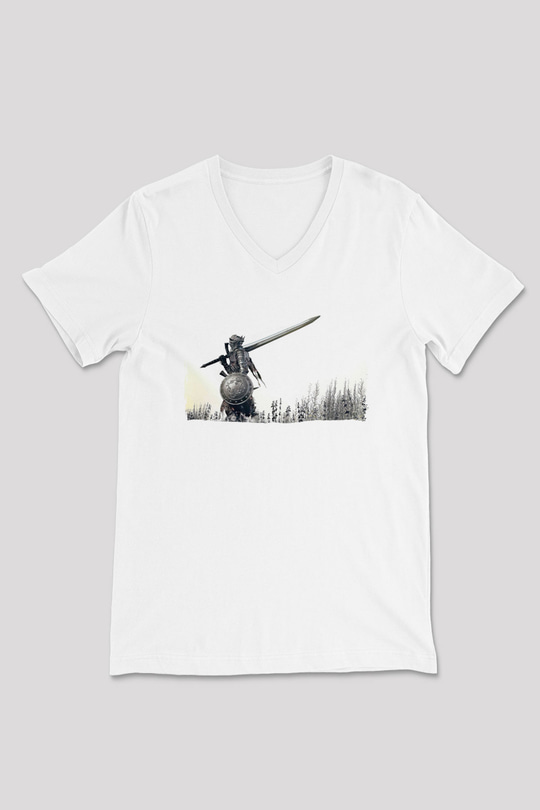 Dark Souls Baskılı Beyaz Unisex V Yaka Tişört - Tshirt