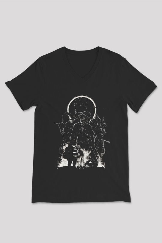 Dark Souls Baskılı Unisex Siyah V Yaka Tişört - Tshirt