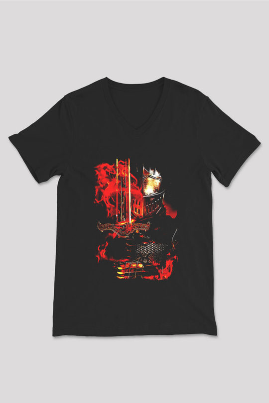 Dark Souls Baskılı Unisex Siyah V Yaka Tişört - Tshirt