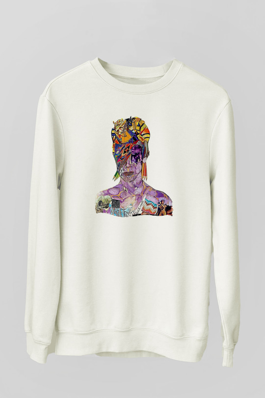 David Bowie Baskılı Beyaz Unisex Sweatshirt
