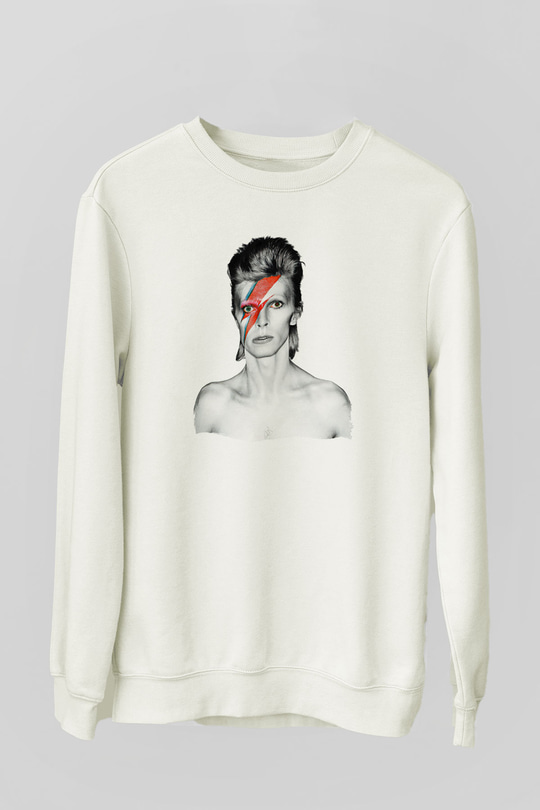 David Bowie Baskılı Beyaz Unisex Sweatshirt