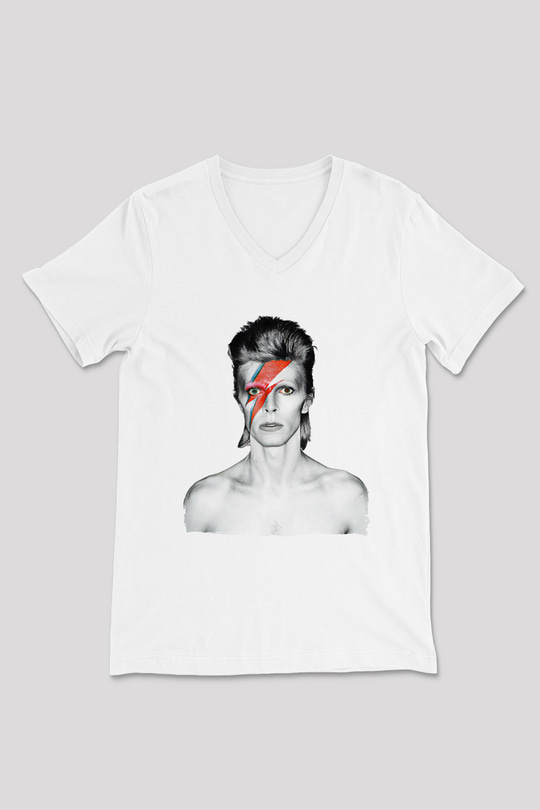 David Bowie Baskılı Beyaz Unisex V Yaka Tişört - Tshirt