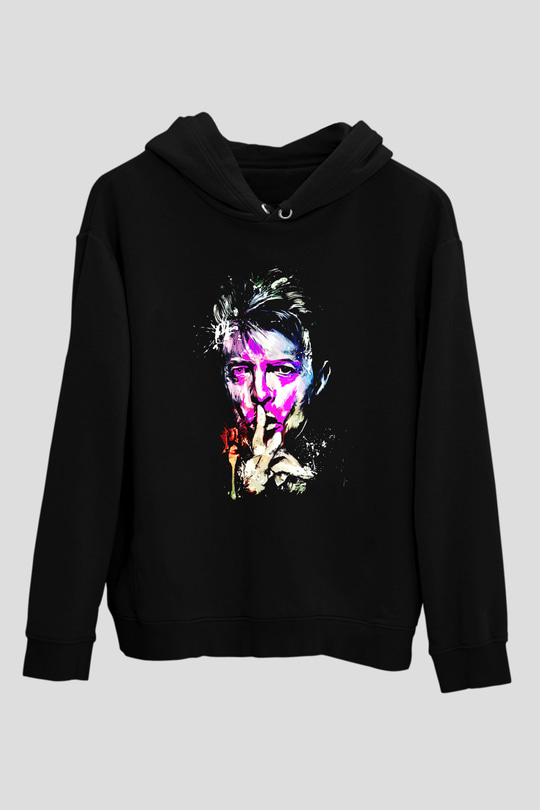 David Bowie Baskılı Unisex Siyah Kapüşonlu Sweatshirt