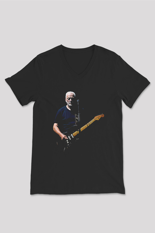 David Gilmour Baskılı Unisex Siyah V Yaka Tişört - Tshirt