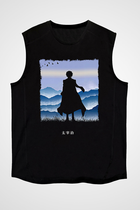 Dazai Baskılı Unisex Siyah Kolsuz Tişört - Tshirt