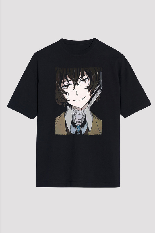 Dazai Baskılı Unisex Siyah Oversize Tişört - Tshirt