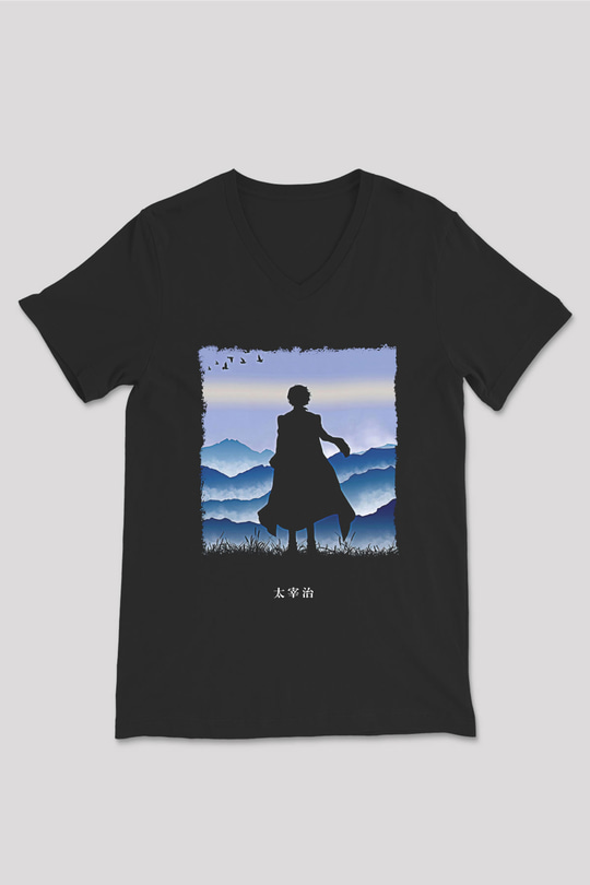 Dazai Baskılı Unisex Siyah V Yaka Tişört - Tshirt