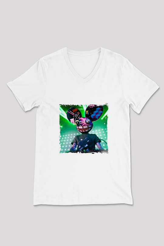 Deadmau5 Baskılı Beyaz V Yaka Unisex Tişört