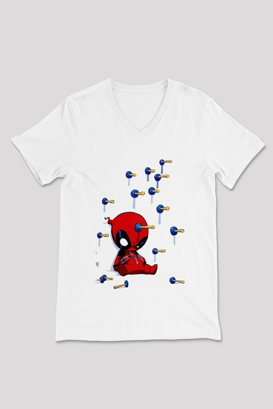 Deadpool Baskılı Unisex Beyaz  V Yaka Tişört