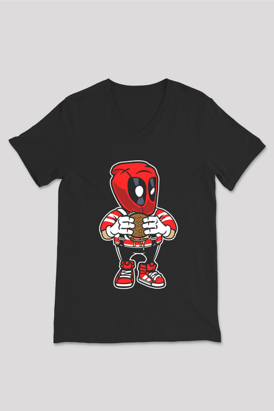 Deadpool Eat Burger Baskılı Unisex Siyah V Yaka Tişört