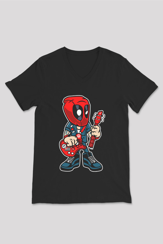Deadpool Rocker Baskılı Unisex Siyah V Yaka Tişört