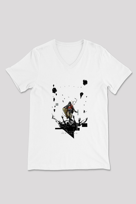 Death Stranding Baskılı Beyaz Unisex V Yaka Tişört - Tshirt