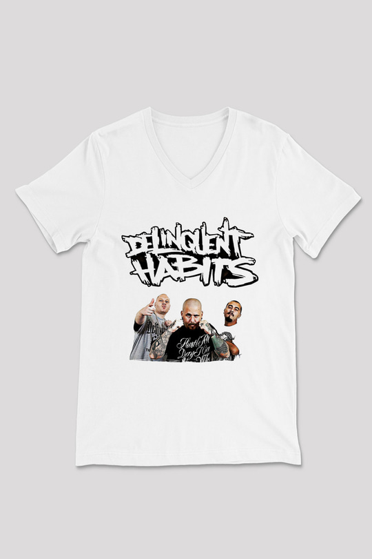 Delinquent Habits Baskılı Beyaz Unisex V Yaka Tişört - Tshirt