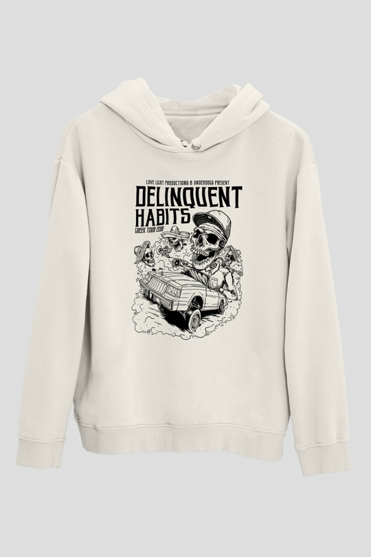 Delinquent Habits Baskılı Beyaz Unisex Kapüşonlu Sweatshirt
