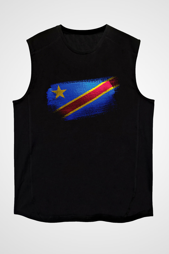 Demokratik Kongo Cumhuriyeti - Democratic Republic Congo Bayrağı Baskılı Unisex Siyah Kolsuz Tişört