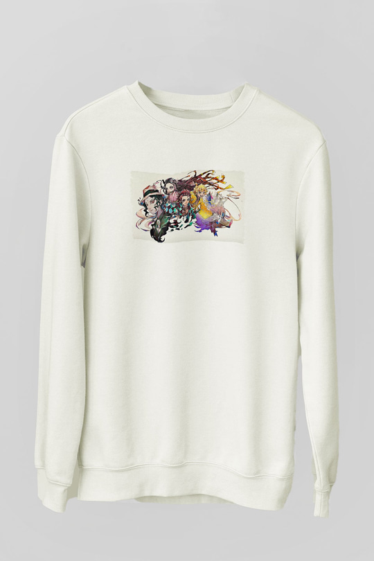 Demon Slayer Baskılı Beyaz Unisex Sweatshirt