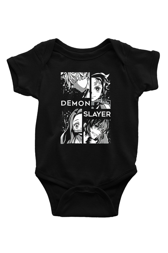 Demon Slayer Baskılı Unisex Siyah Bebek Body - Zıbın