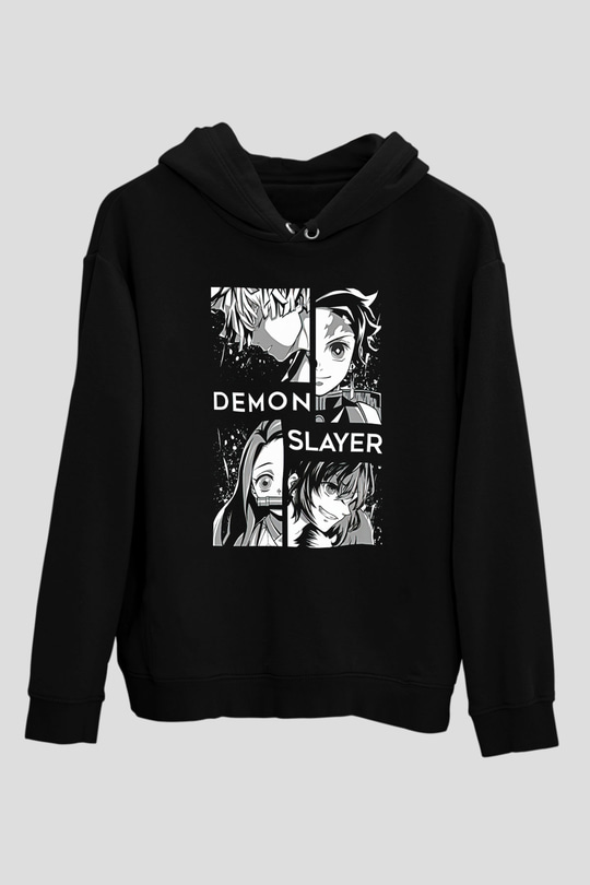 Demon Slayer Baskılı Unisex Siyah Hoodie
