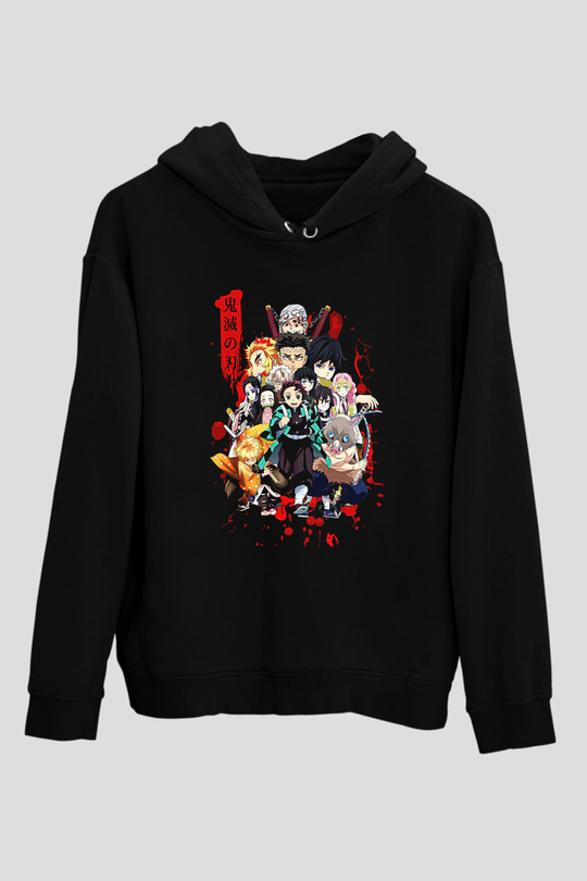 Demon Slayer Baskılı Unisex Siyah Hoodie