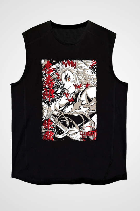 Demon Slayer Baskılı Unisex Siyah Kolsuz Tişört - Tshirt