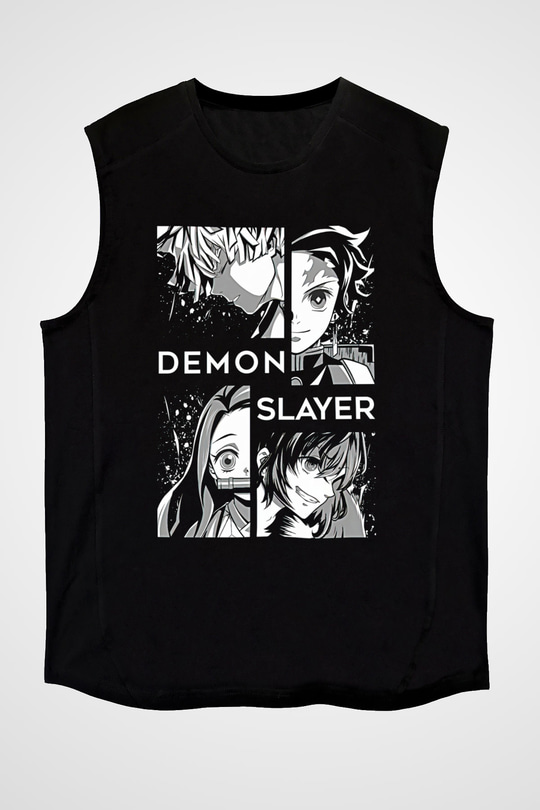 Demon Slayer Baskılı Unisex Siyah Kolsuz Tişört - Tshirt
