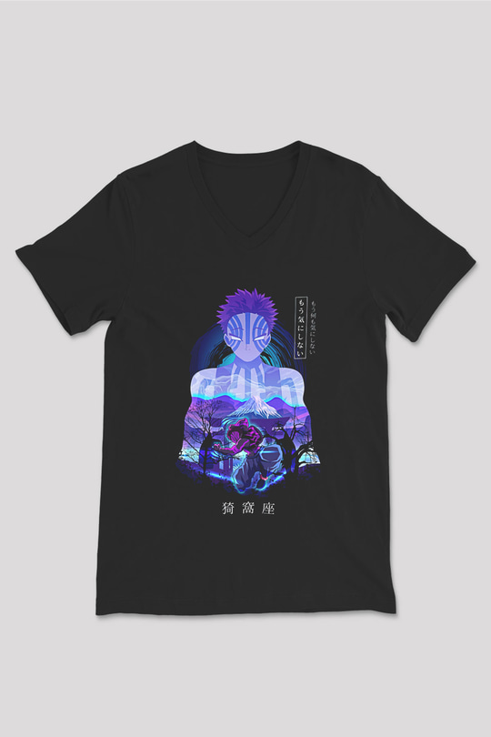 Demon Slayer Baskılı Unisex Siyah V Yaka Tişört - Tshirt