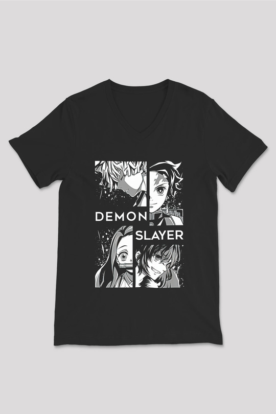 Demon Slayer Baskılı Unisex Siyah V Yaka Tişört - Tshirt