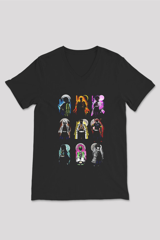 Demon Slayer Baskılı Unisex Siyah V Yaka Tişört - Tshirt