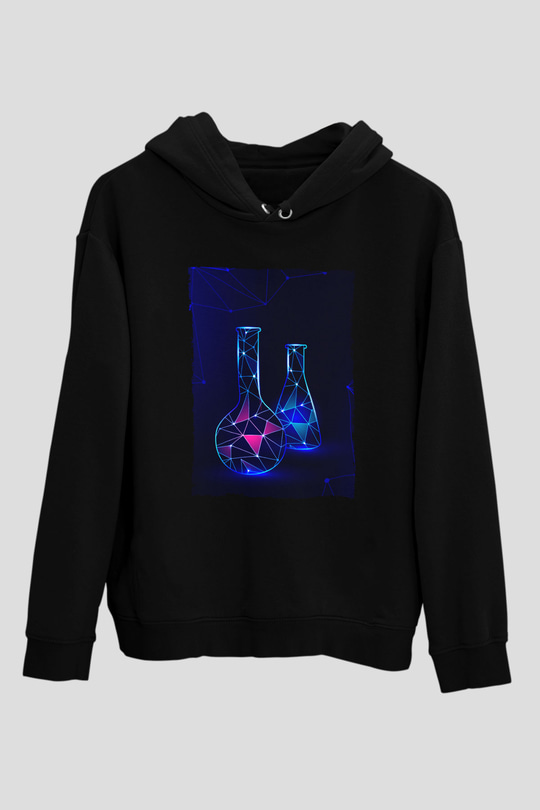 Deney Tüpleri Baskılı Unisex Siyah Hoodie
