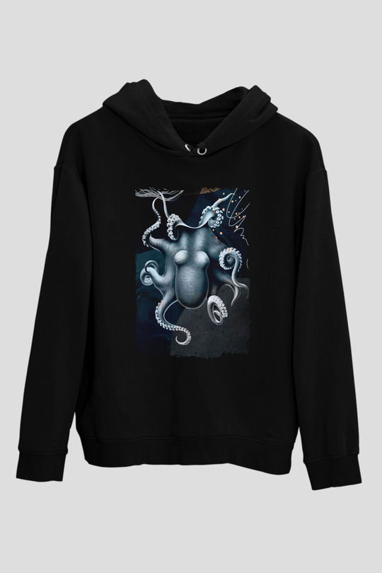 Deniz canlıları Siyah Unisex Kapüşonlu Sweatshirt
