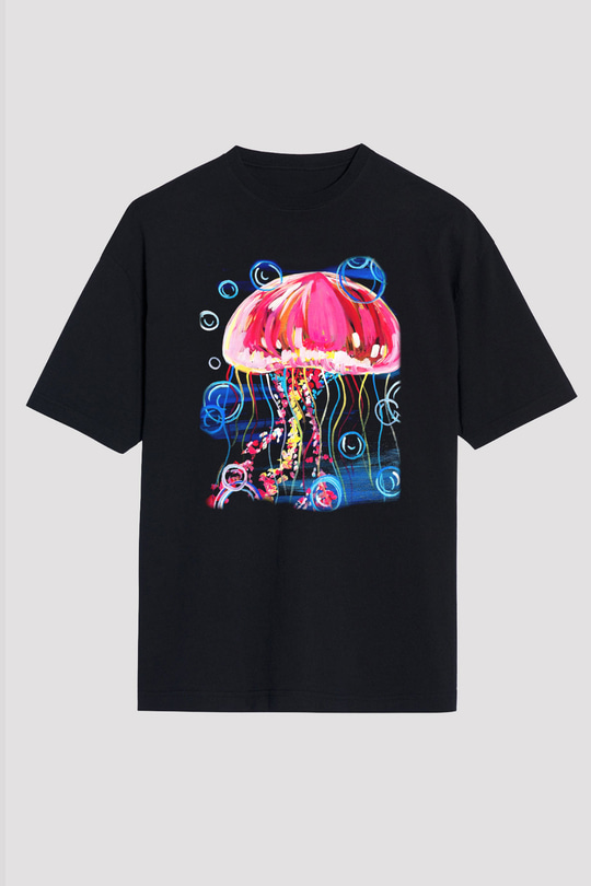 Deniz canlıları Siyah Unisex Oversize Tişört T-Shirt