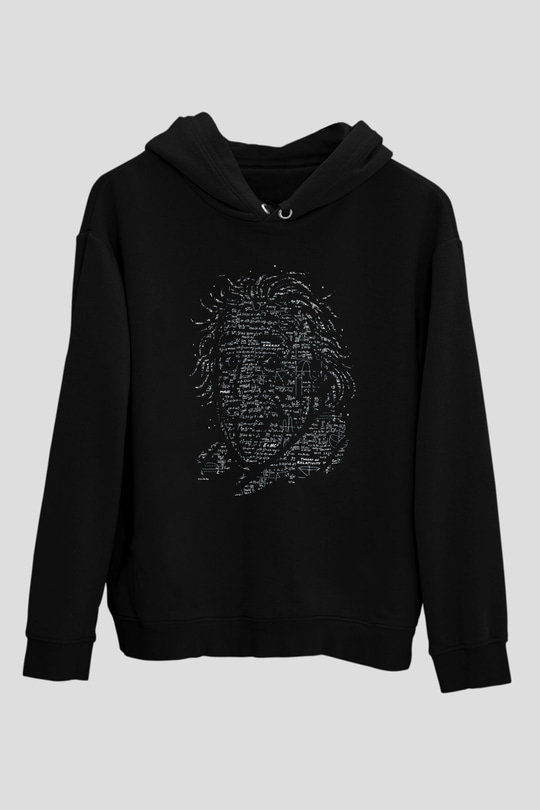 Denklemlerden Oluşan Einstein Silüeti Baskılı Unisex Siyah Hoodie