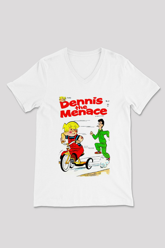 Dennis the Menace Beyaz Unisex V Yaka Tişört