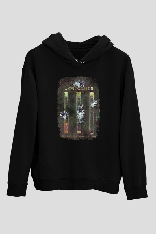 Depresyon Formülü Hormonlar Baskılı Unisex Siyah Hoodie