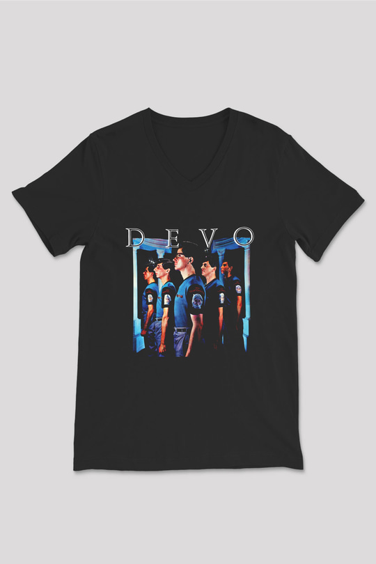 Devo Baskılı Unisex Siyah V Yaka Tişört