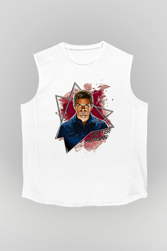 Dexter Baskılı Beyaz Unisex Kolsuz Tişört - Tshirt