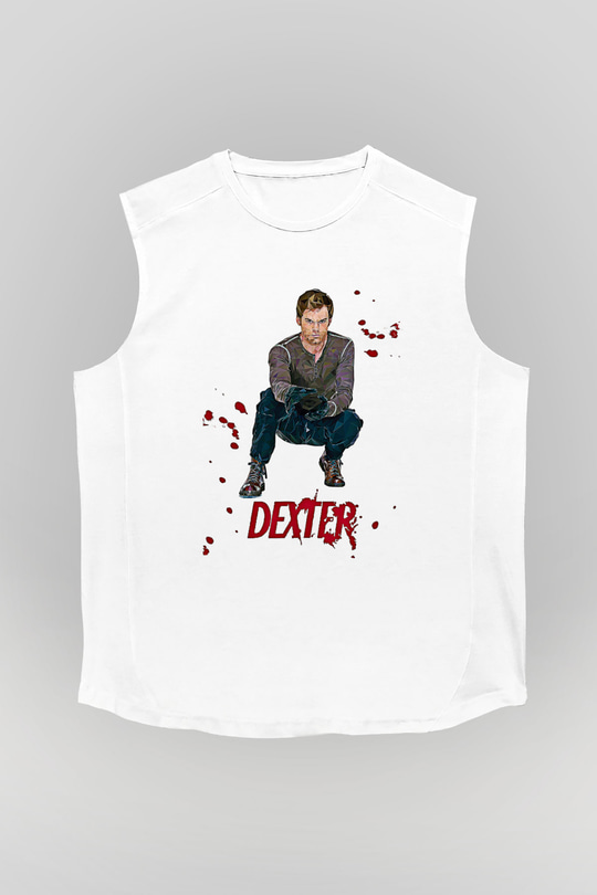 Dexter Baskılı Beyaz Unisex Kolsuz Tişört - Tshirt