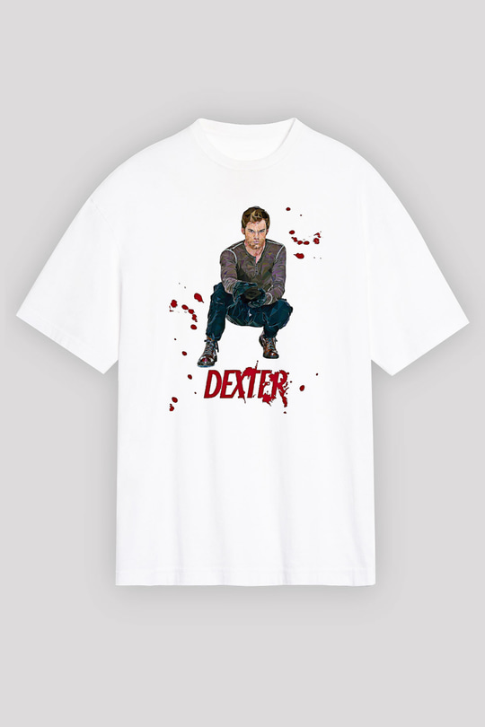 Dexter Baskılı Beyaz Unisex Oversize Tişört - Tshirt