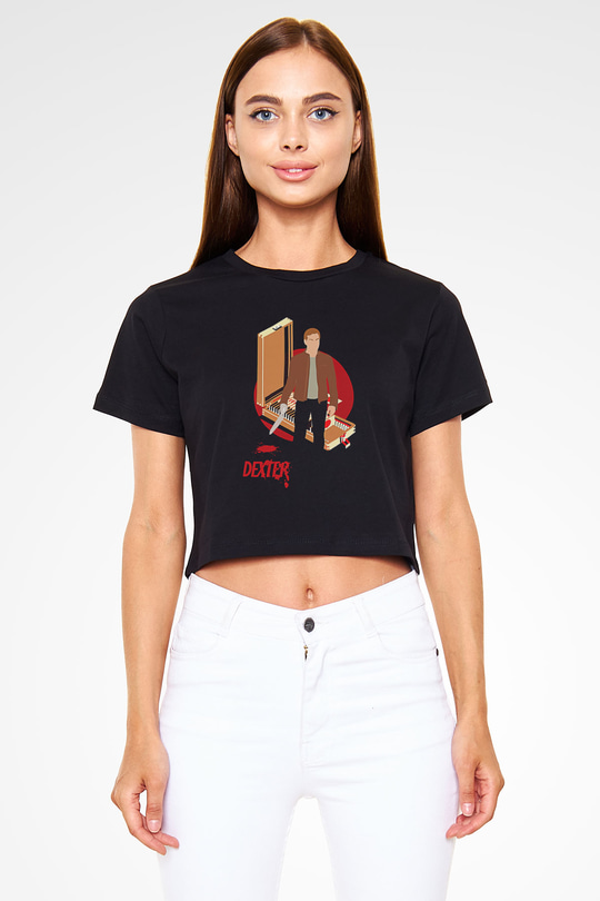 Dexter Baskılı Siyah Crop Top Kadın Tişört - Tshirt