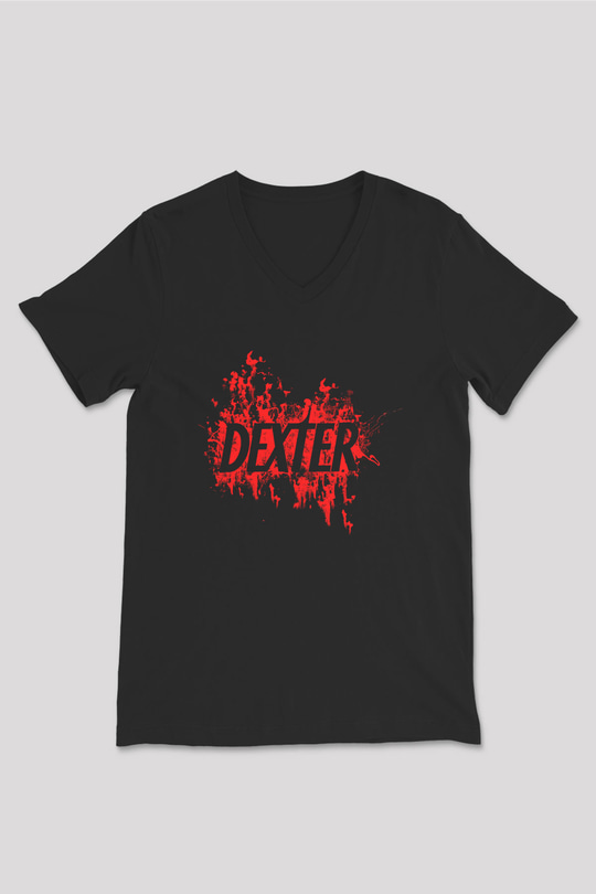 Dexter Baskılı Unisex Siyah V Yaka Tişört - Tshirt