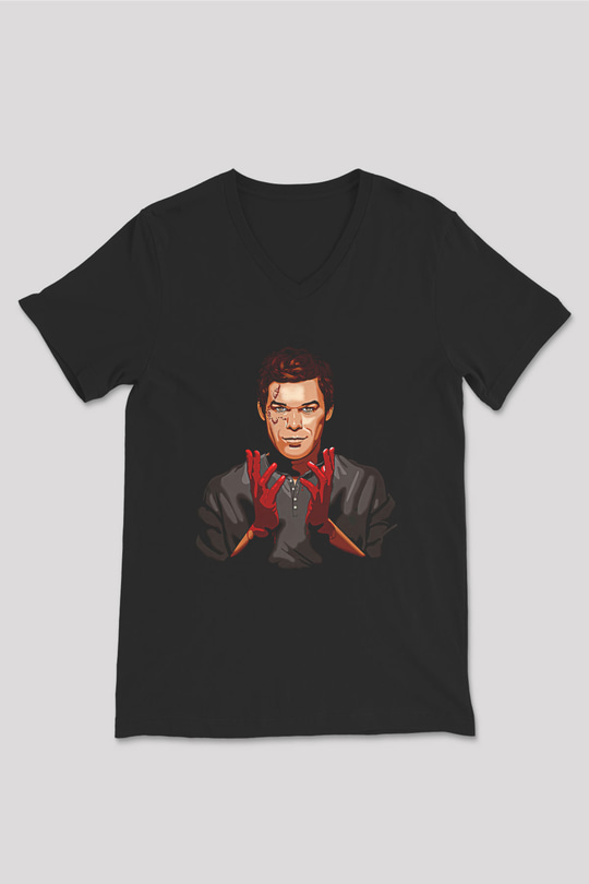 Dexter Baskılı Unisex Siyah V Yaka Tişört - Tshirt